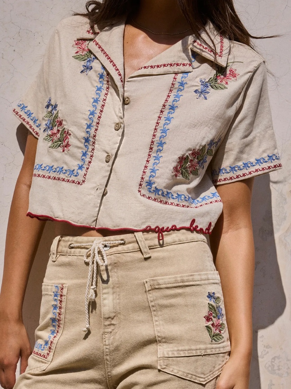 Embroidered Cream Crop Button-Up Top